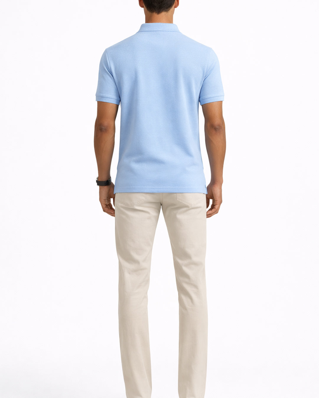 Premium office blue cotton polo t-shirt back view for men by outfitstreets