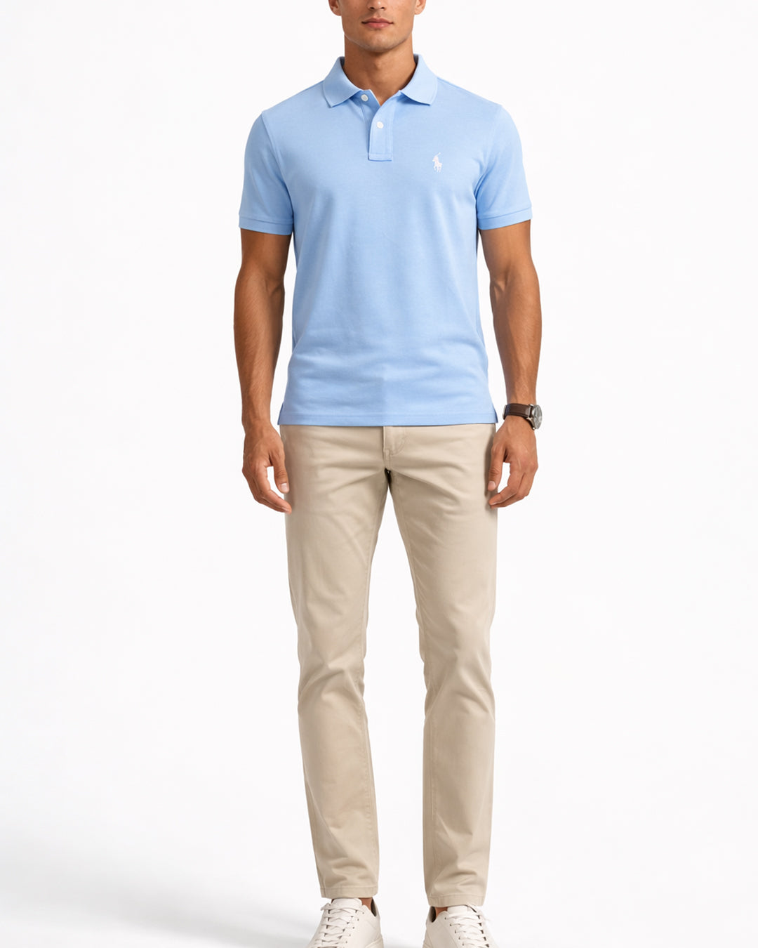 Premium office blue cotton polo t-shirt front view for men